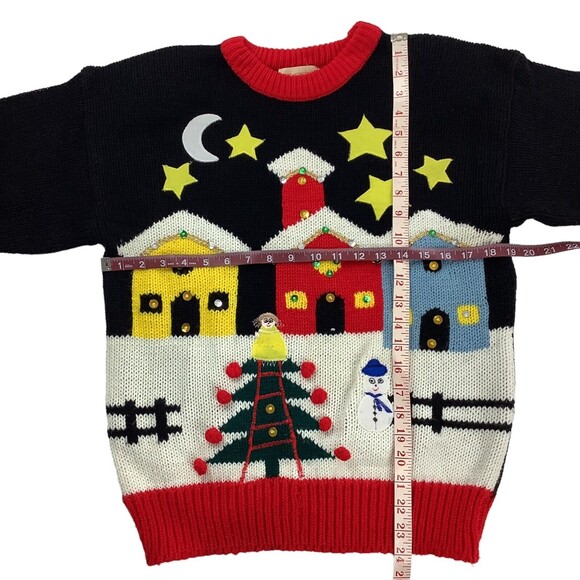 Vintage Ugly Christmas Sweater Womens L Large Black Red Knit Village Adell Barre - Picture 9 of 16
